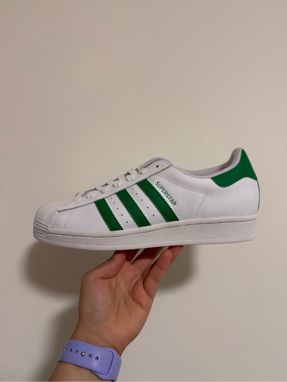 adidas White Leather Superstar Sneakers with Green Stripes size 8.5